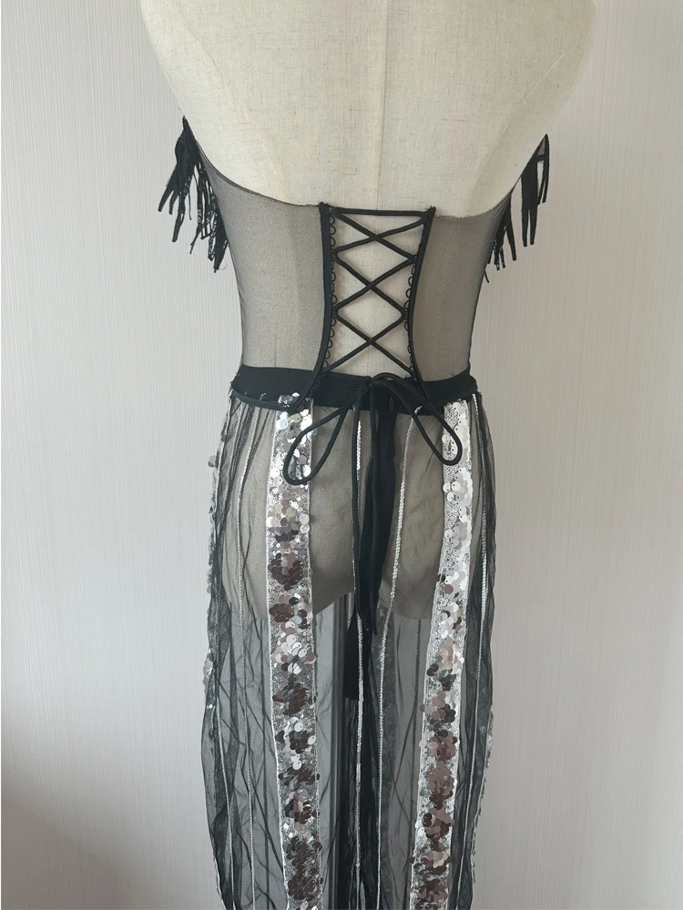 Shiny Silber Pailletten Schwarz Sexy Mesh Perspektive Pailletten Bh Overall Sänger Tanz Kleidung Leistung Kostüm Drag Queen Tragen
