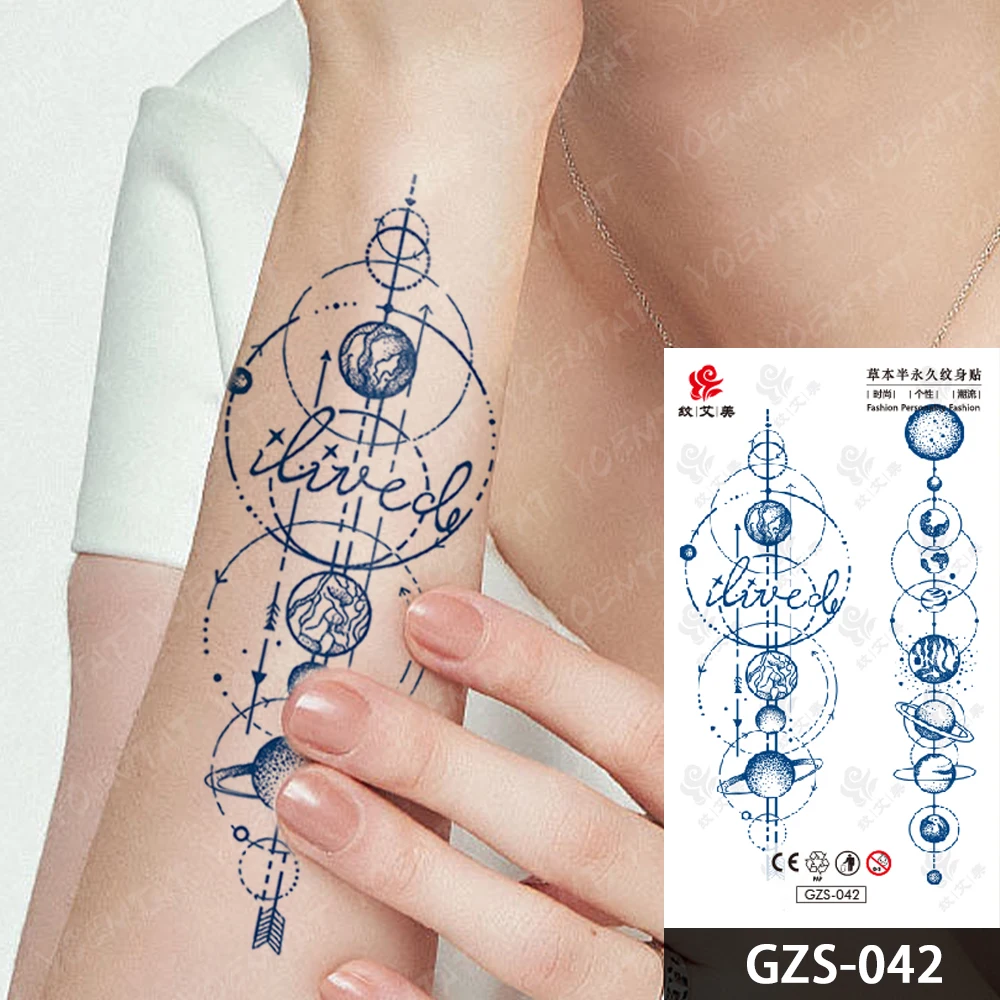 Tatuagem falsa de ervas semi permanente para mulheres, adesivo de Harajuku, impermeável, planeta, tinta de suco, tatuagens duradouras, arte corporal