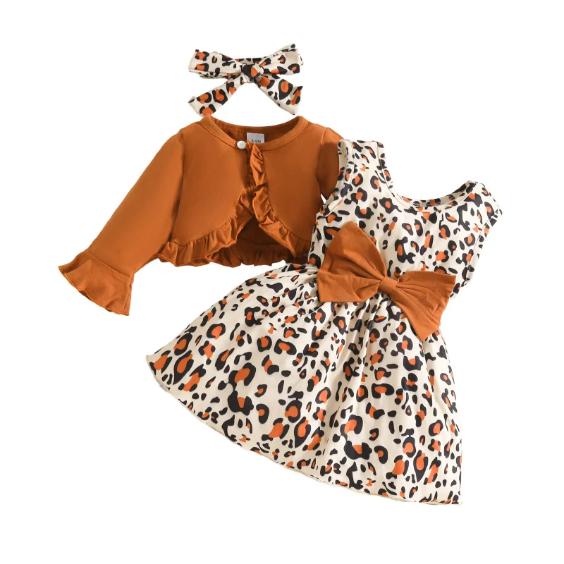 

0-3Y Children's Clothes Sets Long-sleeved Newborn Baby Girls Flared Ruffle Coat+Vest Bow Leopard Print Dress Headband 3Pcs Suit