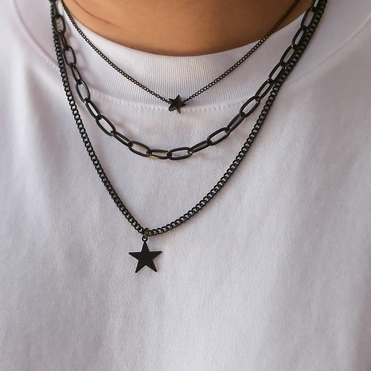 PuRui Hip Hop Black Star Geometric Pendant Necklace for Men Multilayer Black Link Chain Choker Collar Rock Jewelry Party