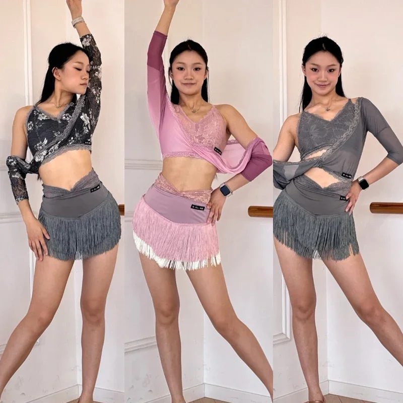 

Adult Latin Dance Training Suit Gray Pink Dance Performance Outfit Latin Dance Long Sleeve Top Fringe Skirt Rumba Costume