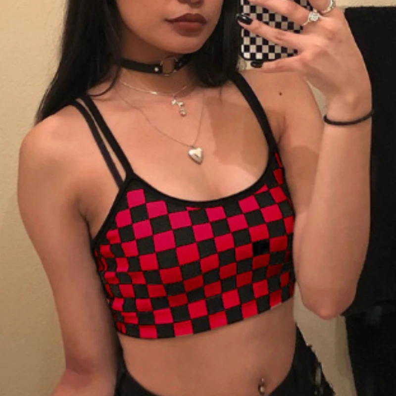 

Black Red Plaid Checkerboard Tank Top Halter Women Bare Midriff Crop Tops Camis Fashion Tube Top Female Sleeveless Cropped Vest