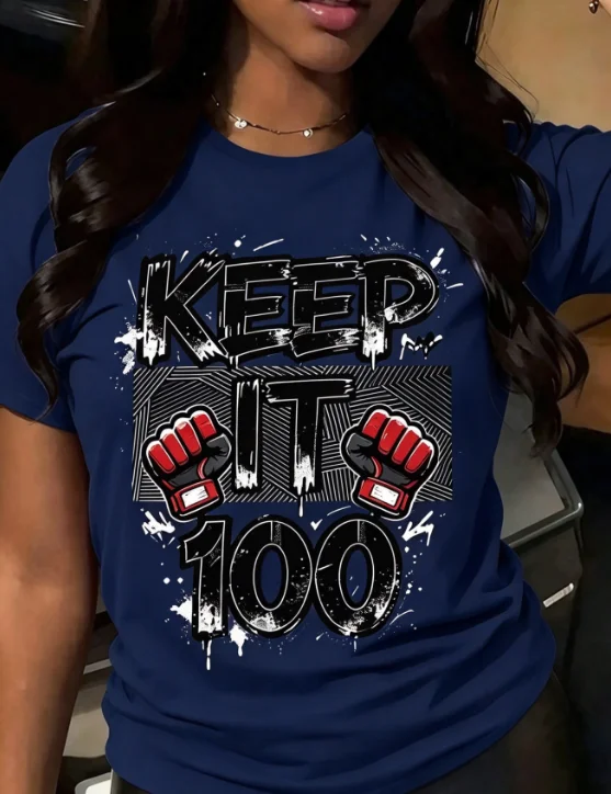 Women Crew Neck Short Sleeve T-Shirt Keep It 100 Graphic Bold Black Boxing Text Print Casual Everyday Basic Tops