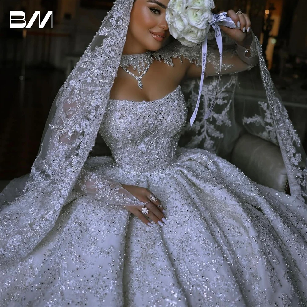 Arabic Long Jacket Sleeve Bride Dresses With Luxury Embroidery Beads Princess Ballgown For Wedding Zipper Back Bridal Gown