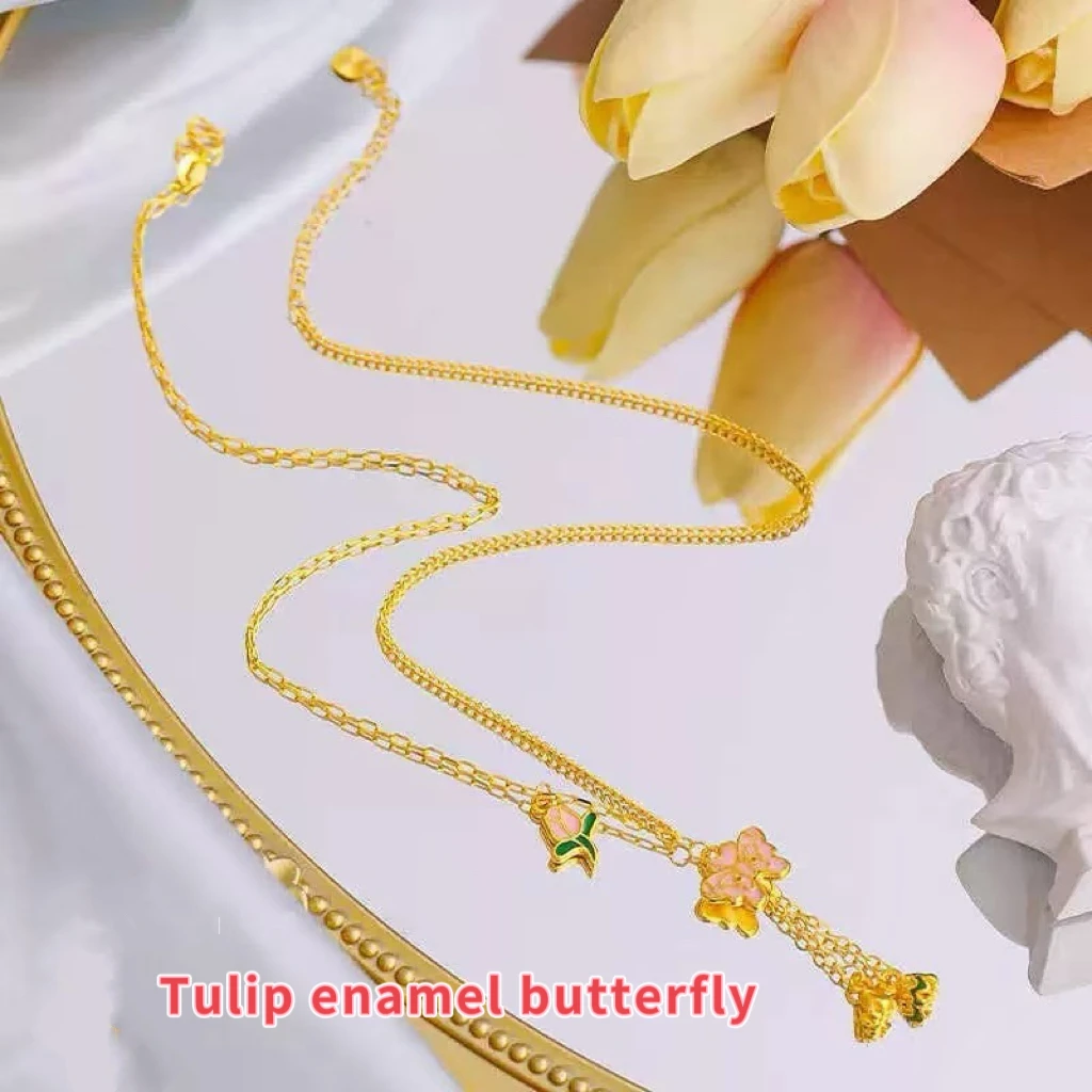 

New Chinoiserie Butterfly Necklace enamel women's niche sense tulip butterfly design sense set chain