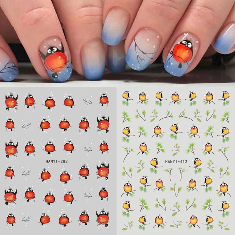 

3d Nail Art Stickers Winter Snow Cut Fat Red Birds New Year Redbreasts Decals For Nail Manicure