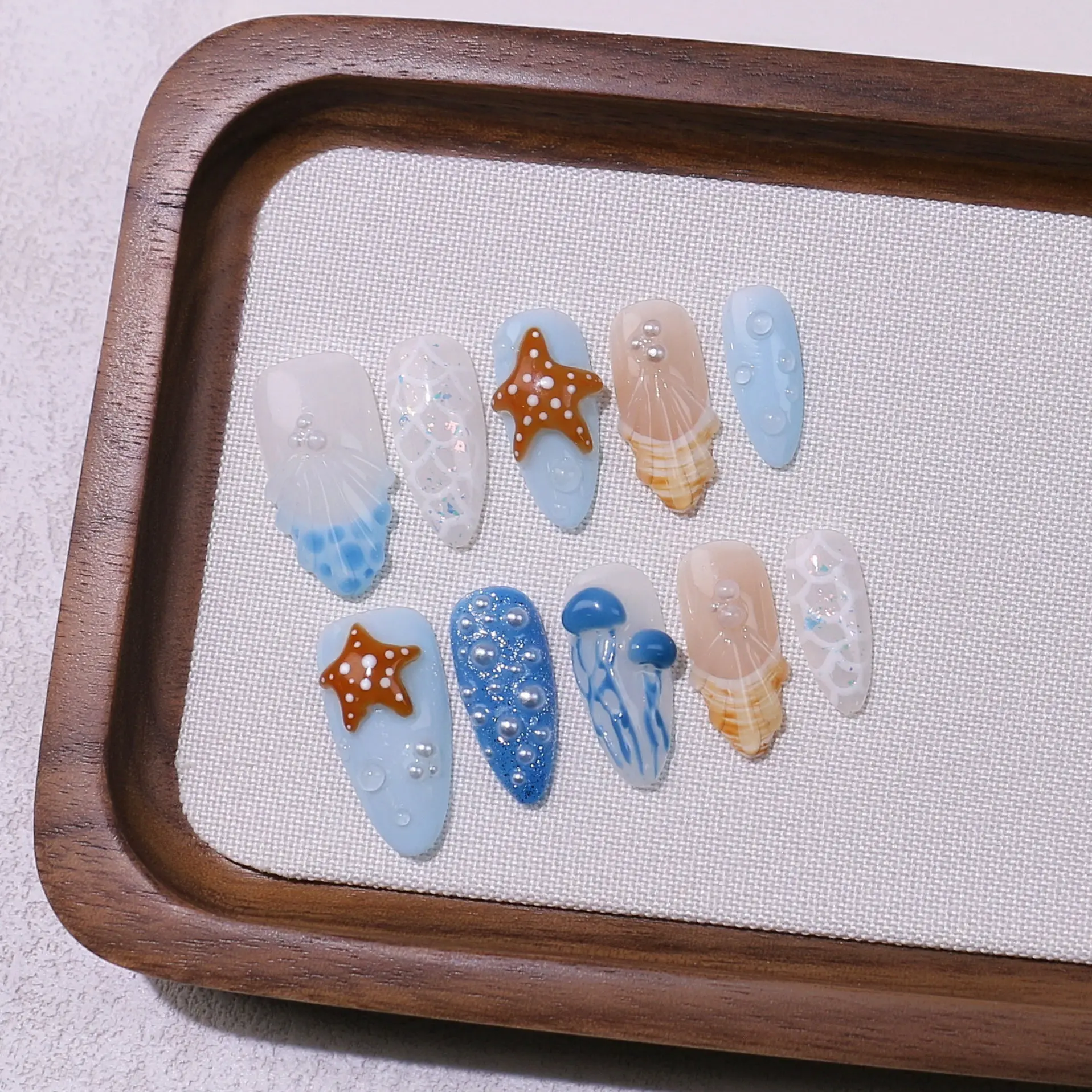 10Pcs Luxury Handmade French Press on Nails Ocean Summer Holiday Starfish Pearl Design Almond Fake Nails Wearable False Nail Tip