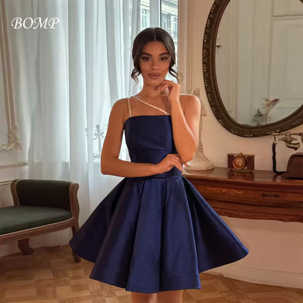 

BOMP Elegant Beading Wedding Party Dress Strapless Draped A-Line Dark Blue Satin Special Occasion Short Prom Gown Customized