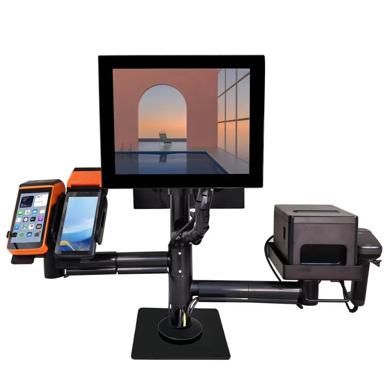 2026 Desktop Point Of Sale Cash Register System OEM/ODM POS Terminal System Stand Foldable Pole Mount Stand With 2 Monitor Arms