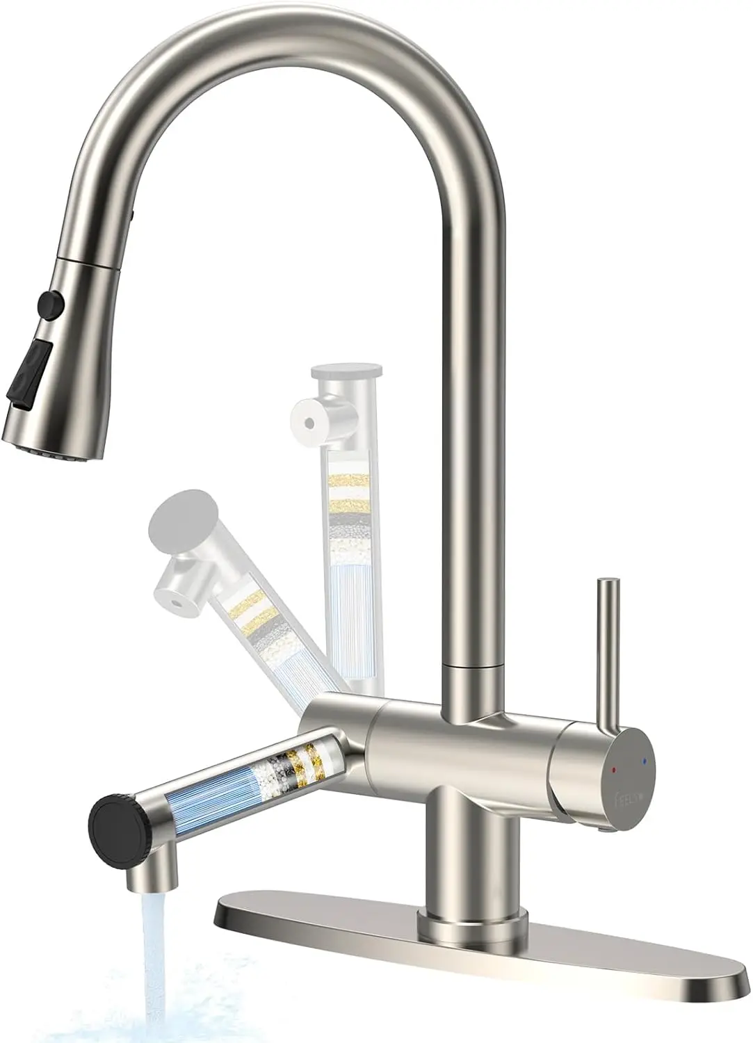 

Смеситель для кухни из нержавеющей стали с выдвижным распылителем, фильтр, уменьшает свинец и хлор, 1 или 3 отверстия, раковина для фермерского дома