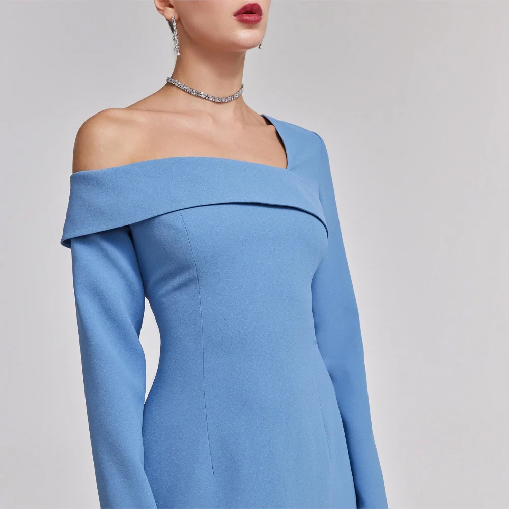 カスタマイズされたオフショルダーブルークレープ A ラインイブニングドレスジャージサウジアラブウエディングドレスフォーマル高品質パーティードレス女性のための