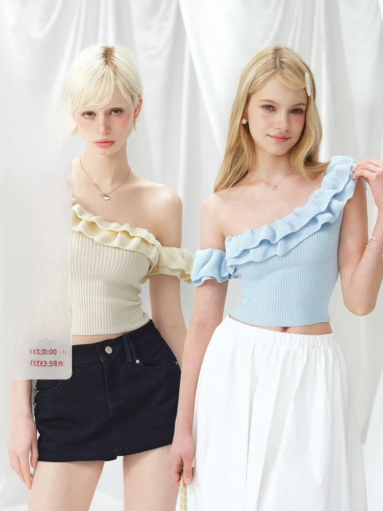 

Summer Slim Fit Knitted Top Women's Outerwear Sweet Sle Ruffle Hem One oulder Design Polyester Modal Fiber Casual irt