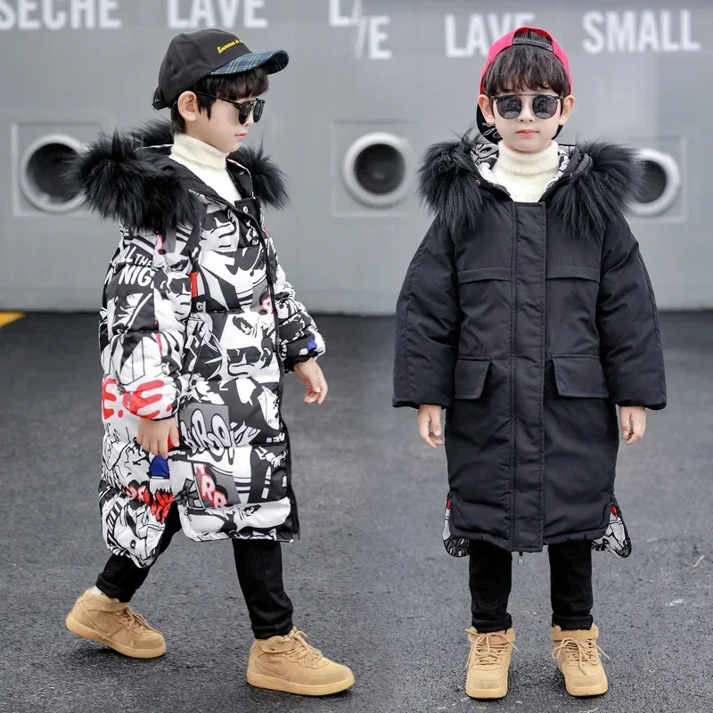 Winter Boys Warm Cotton Thick Hooded Zip Long Reversible Puff Jackets School Kids Therme Parka Child Snow Coat Outfit 5-15 Years