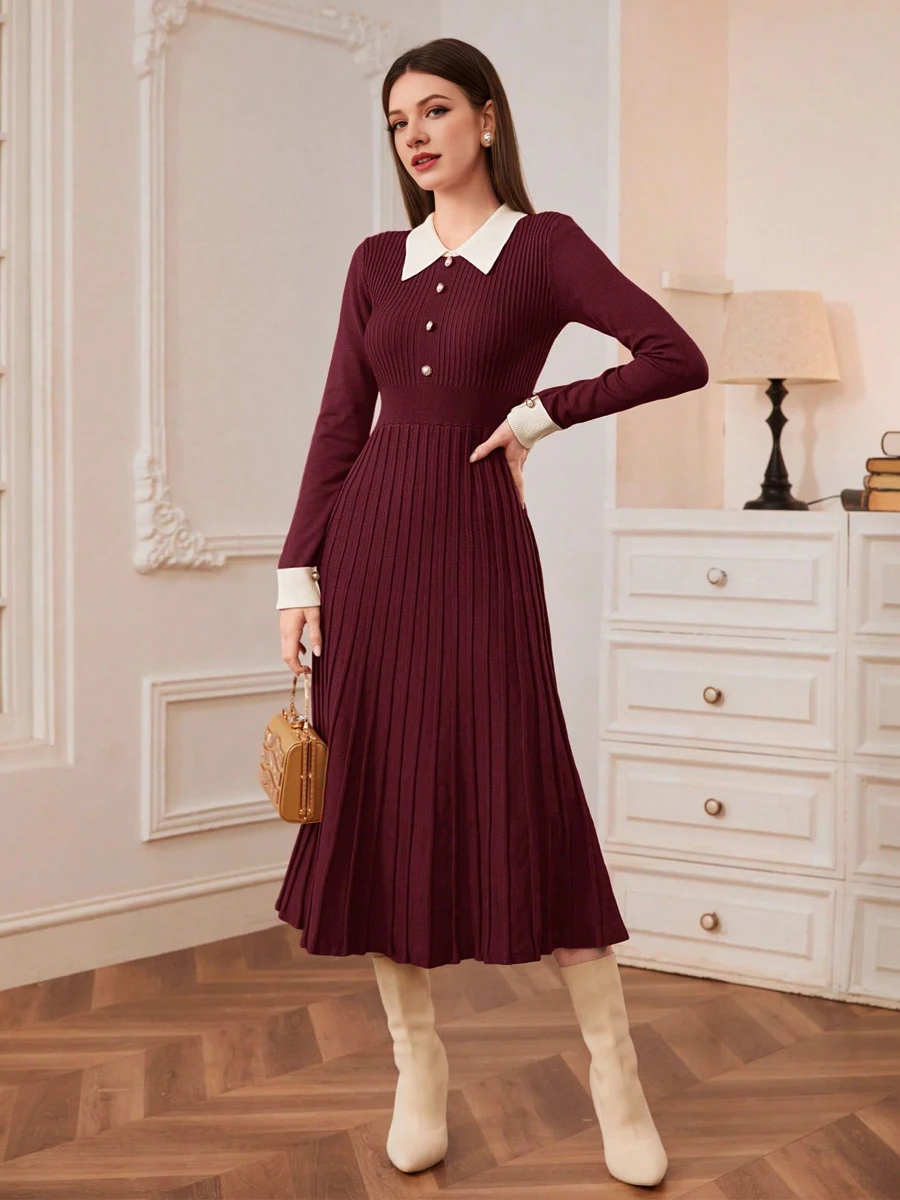 

Elegant Women Knitted Long Dress Turn Down Collar A Ling Dress for Party Autumn Winter Basic Pleated Dresses Lady Verstido