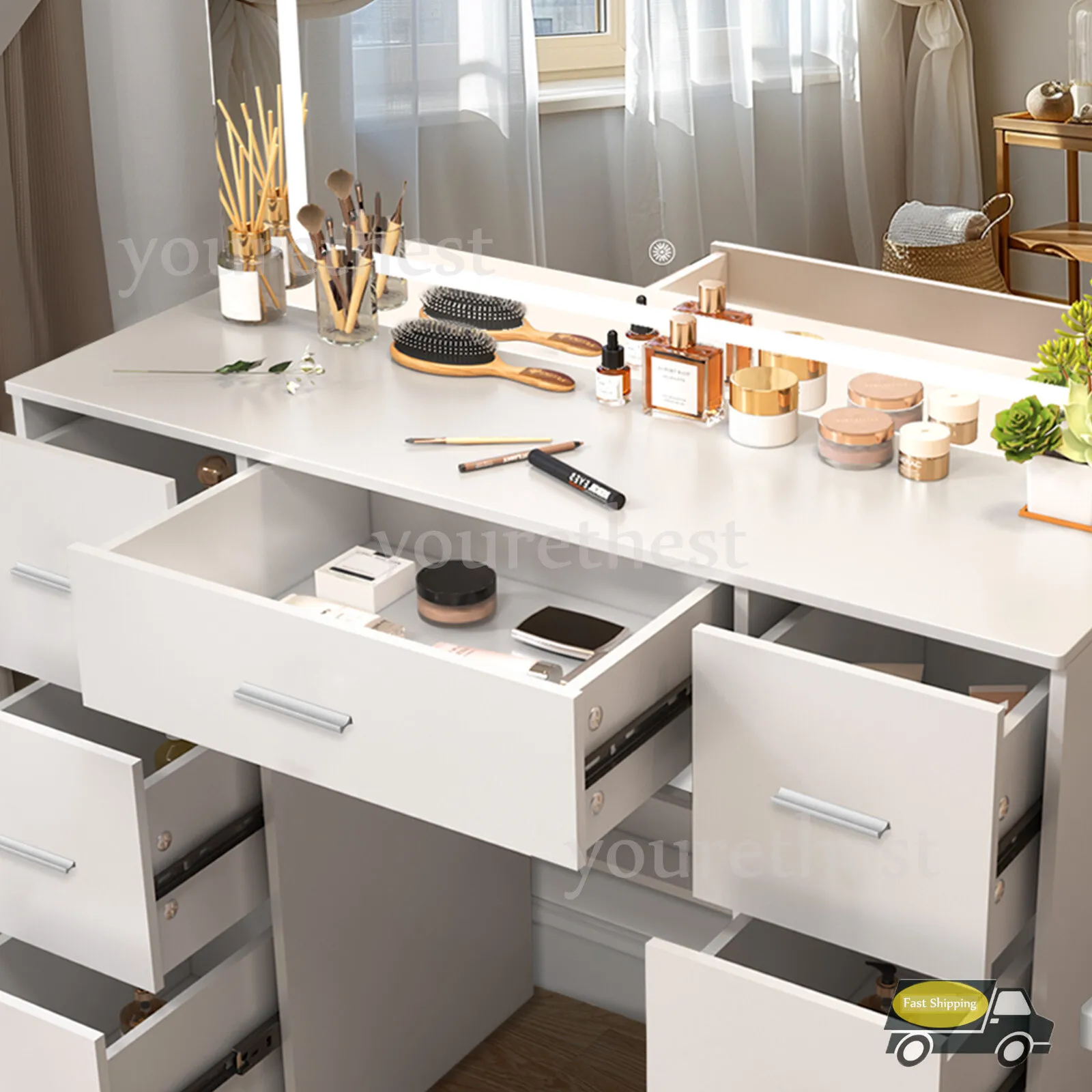 طقم مكتب مكياج كبير لطاولة الزينة مع مرآة LED كبيرة و7 أدراج #3
