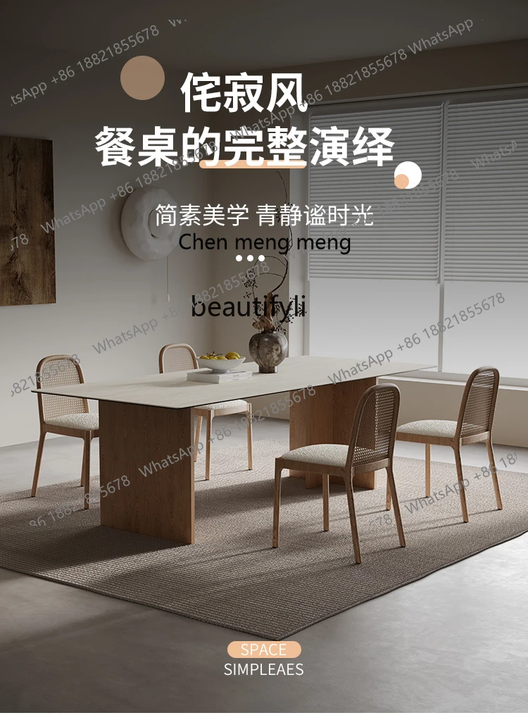 

Y183Cream style French retro rock slab rectangular travertine dining table solid wood home light luxury