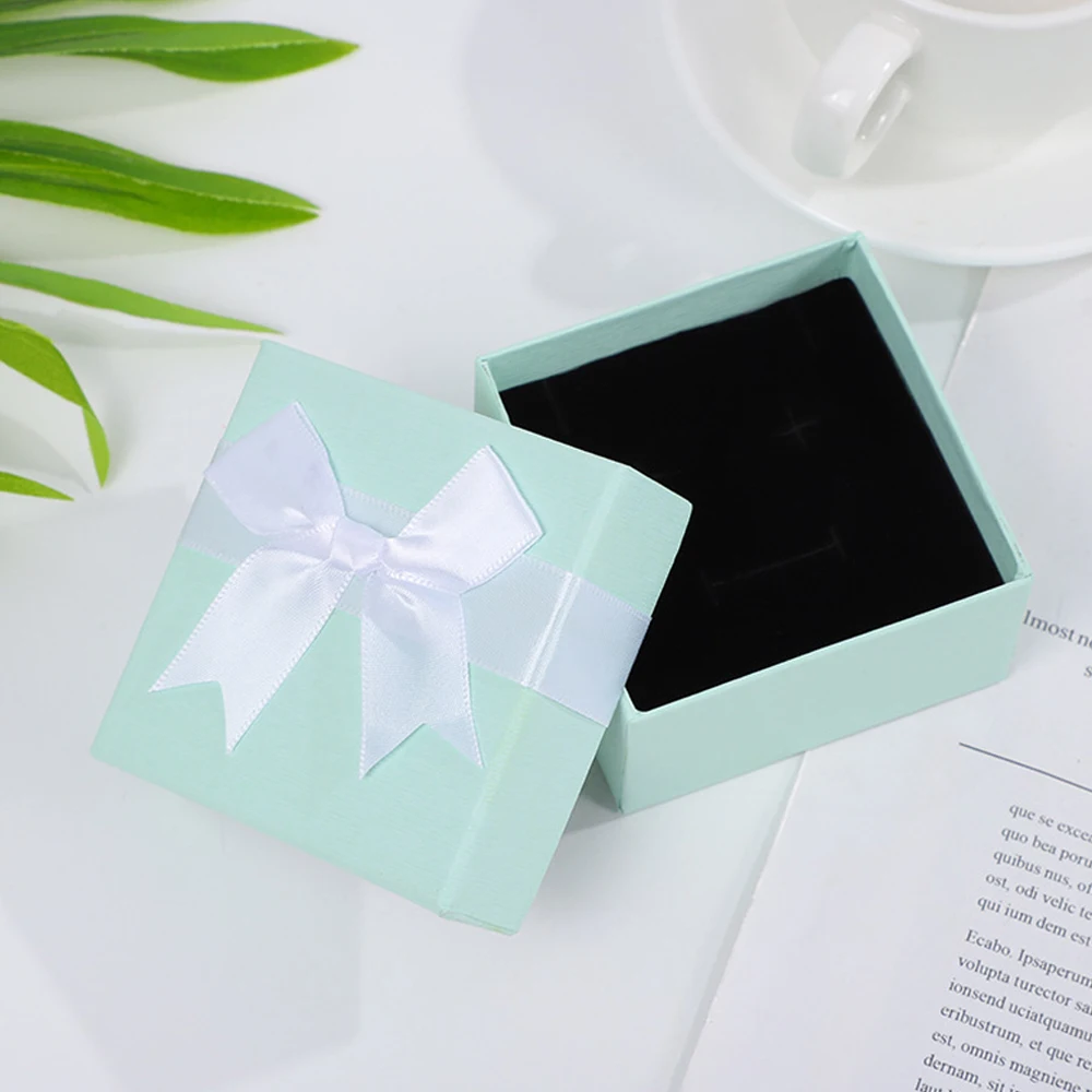 24pcs Light Green Jewelry Box with White Bowknot Small Cute Gift Paper Cardboard Case Proposal Ring Earring Wedding Display Tool