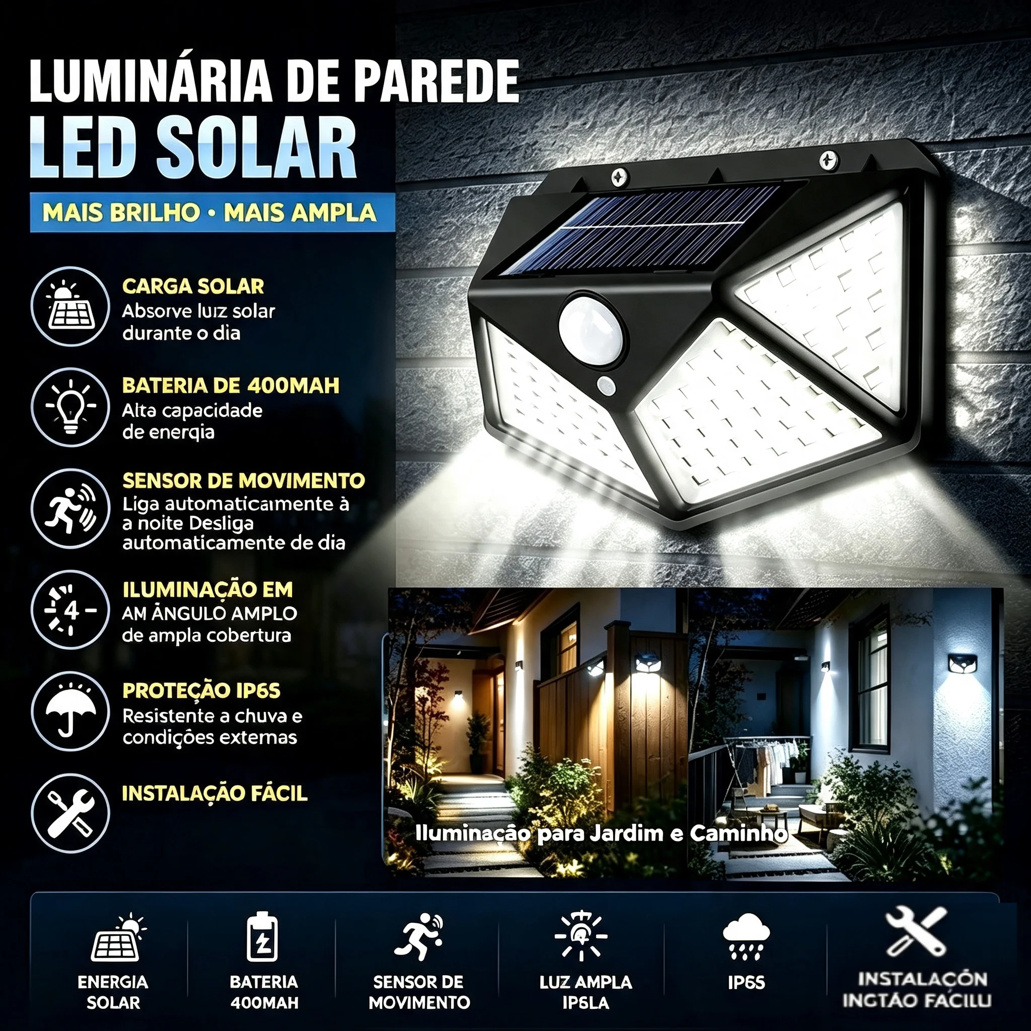 100 LED Solar Street Light, 3 Modes Motion Sensor, Water-Resistant High Brightness Flood Light, for Fence Villa Balcony Path