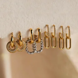 Stainless Steel Vintage Double Circle Round Zircon Dangle Earrings Gold Plated Twist Huggie Hoops Ear Buckle Exquisite Jewelry