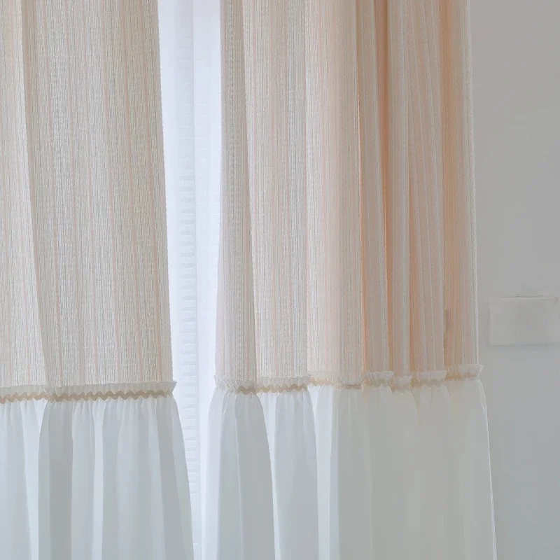 French Princess Pink Skirt Lace Patched Curtains for Living Room Bedroom French Window Customized Finished Products Tulle