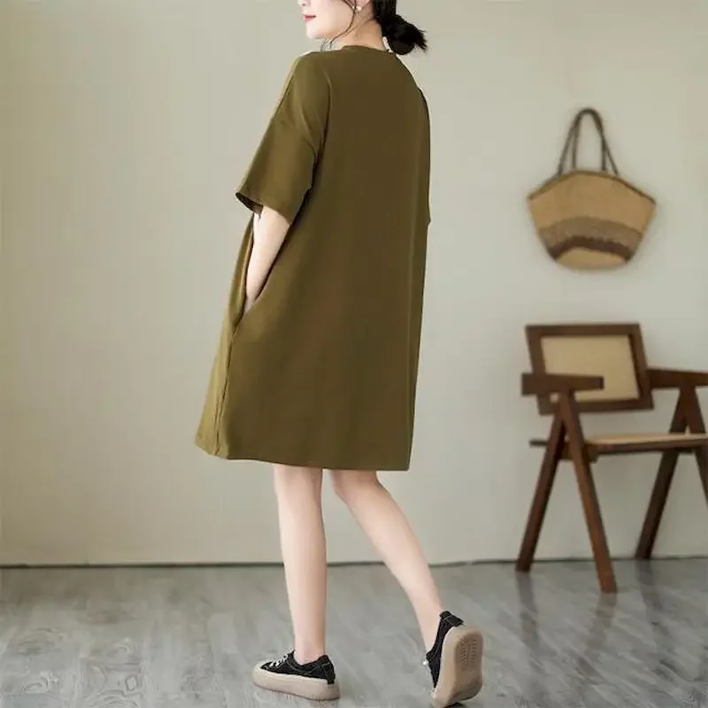 Vestido suelto coreano para mujer, camiseta de retazos a la moda, vestidos informales de manga corta, vestido de gran tamaño, ropa estética de tendencia de verano