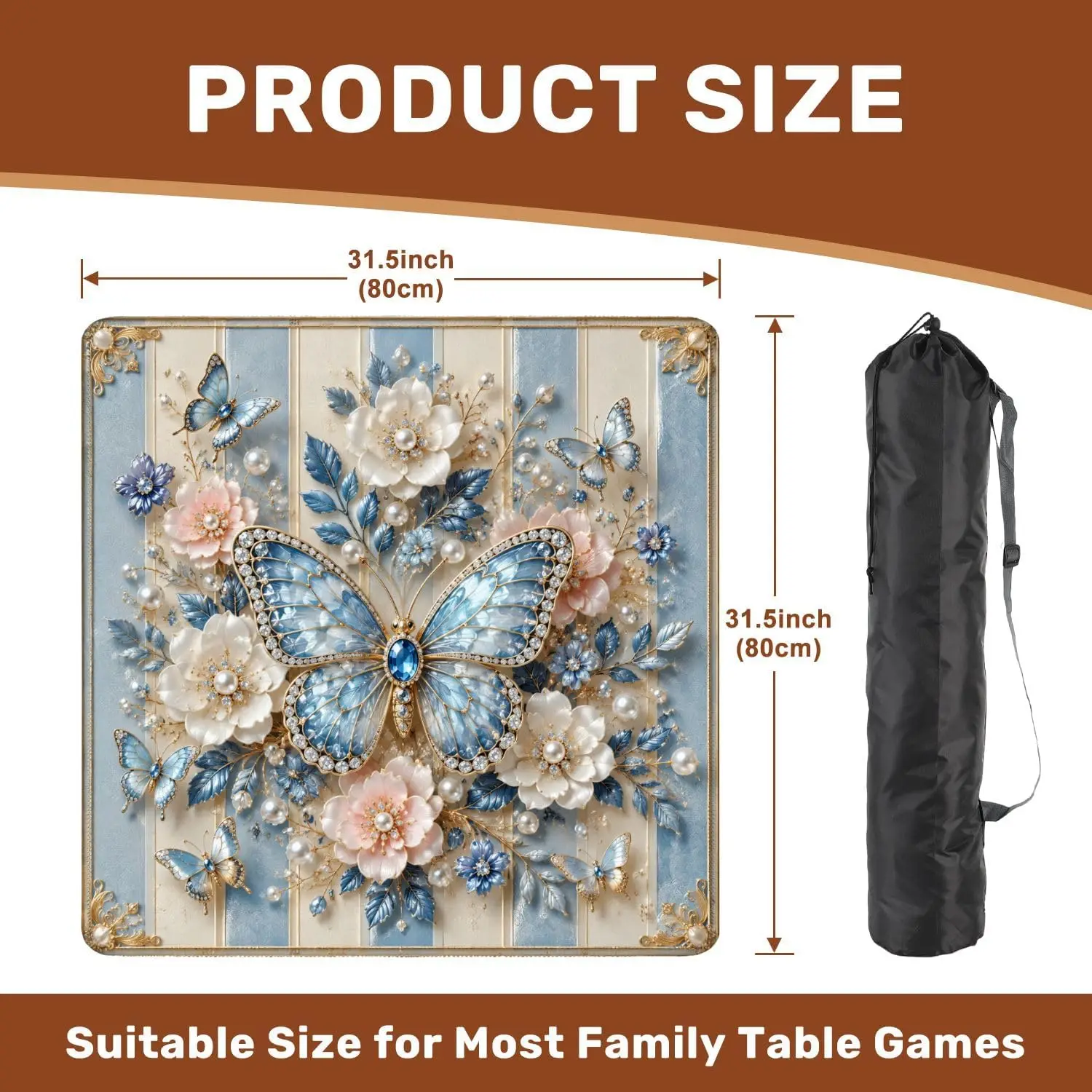 Luxury 31.5 Inch Neoprene 3mm Mahjong Mat Butterfly Jewels Floral Pastel Non Slip Noise Reduction for Mahjong Games