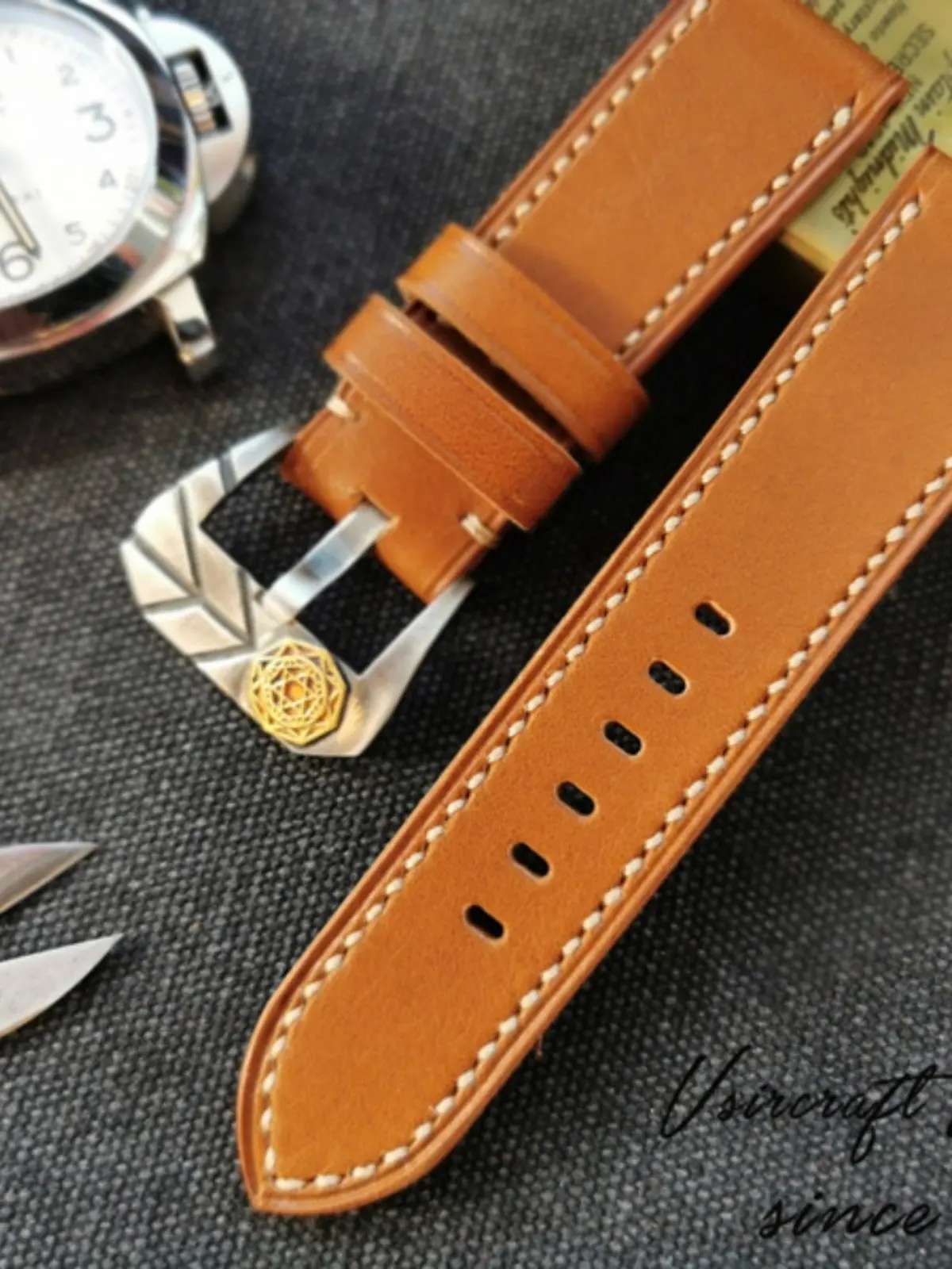 HANDMADE CUSTOM LIGHT BROWN ITALIAN TEAK COWHIDE VINTAGE SOFT THICK DURABLE PIN BUCKLE WATCH STRAP