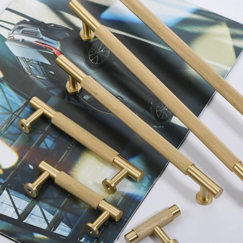 Brass Furniture Handles Modern Knurled Antique Brass Kitchen Cupboard Wardrobe Dresser Shoe Box Drawer Cabinet Door Knobs T-Bar