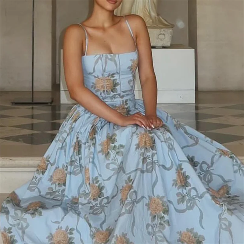 

Spaghetti Strap Square Collar Women Prom Dress Backless Printing Evening Skirt Multiple Colors Party Gown New Arrival In Stock