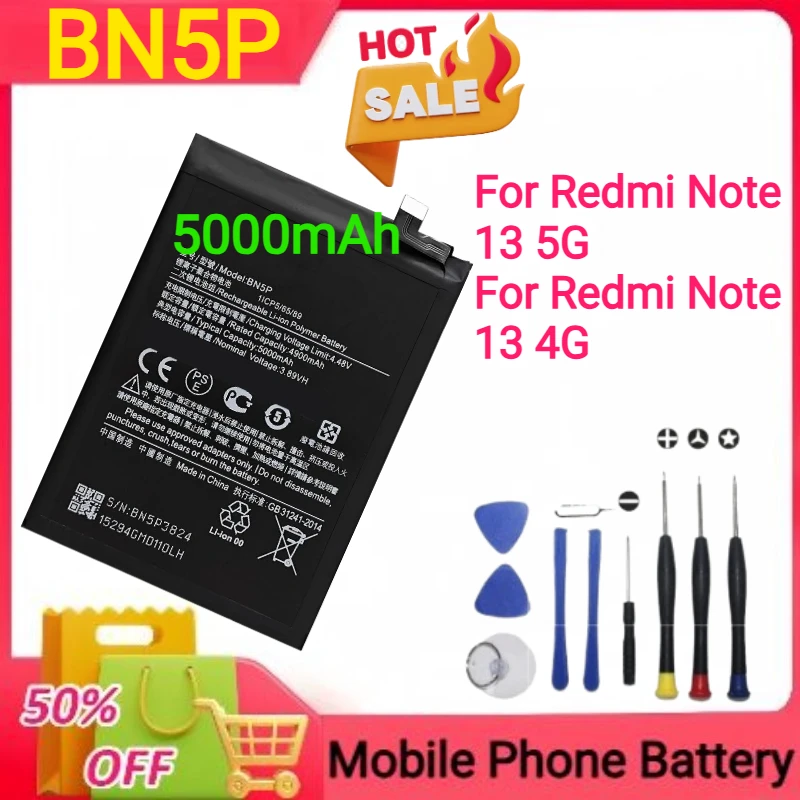 5000mAh /5100mAh BN5P BM5V BM5U para Xiaomi Redmi Note 13/Note 13 Pro/Note 13 Pro + Pro Plus 5G Baterias de telefone móvel + ferramentas