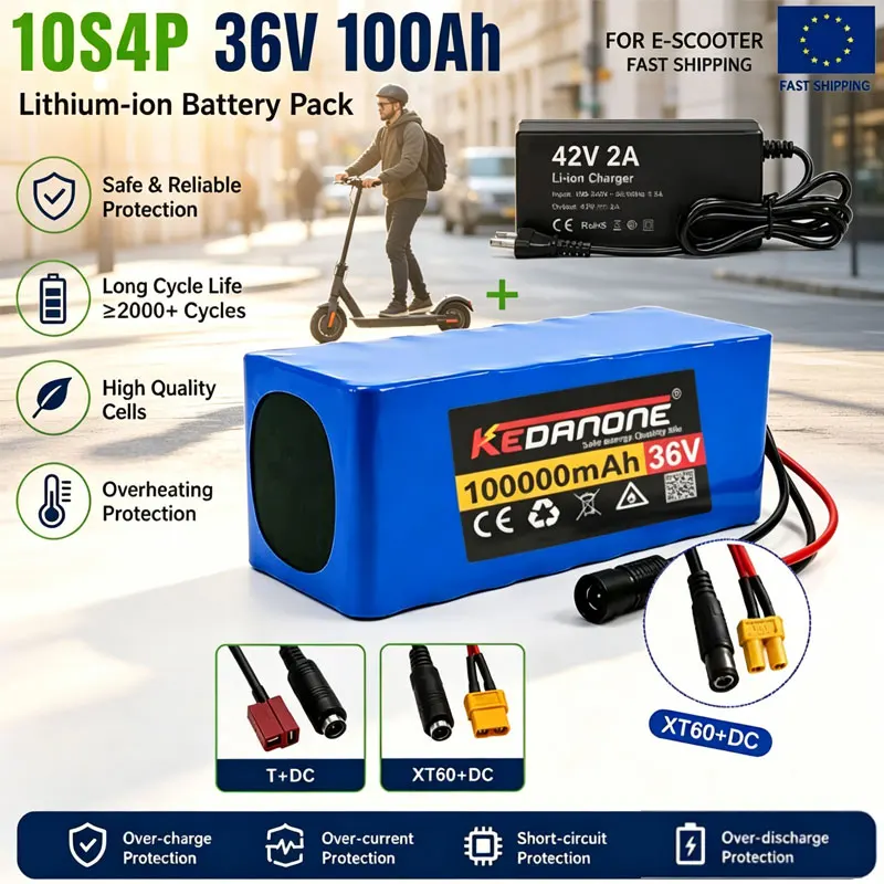 Nuovo pacco batteria agli ioni di litio da 36V 100Ah 1000W 10S4P DC/XT60 DC/T con BMS per 42V
