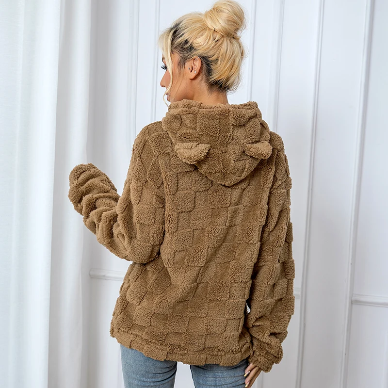 Women Fluffy Teddy Fleece Hoodie Casual Long Sleeve Drawstring Pocket Pullover Warm Winter Plush Hooded Sweatshirt