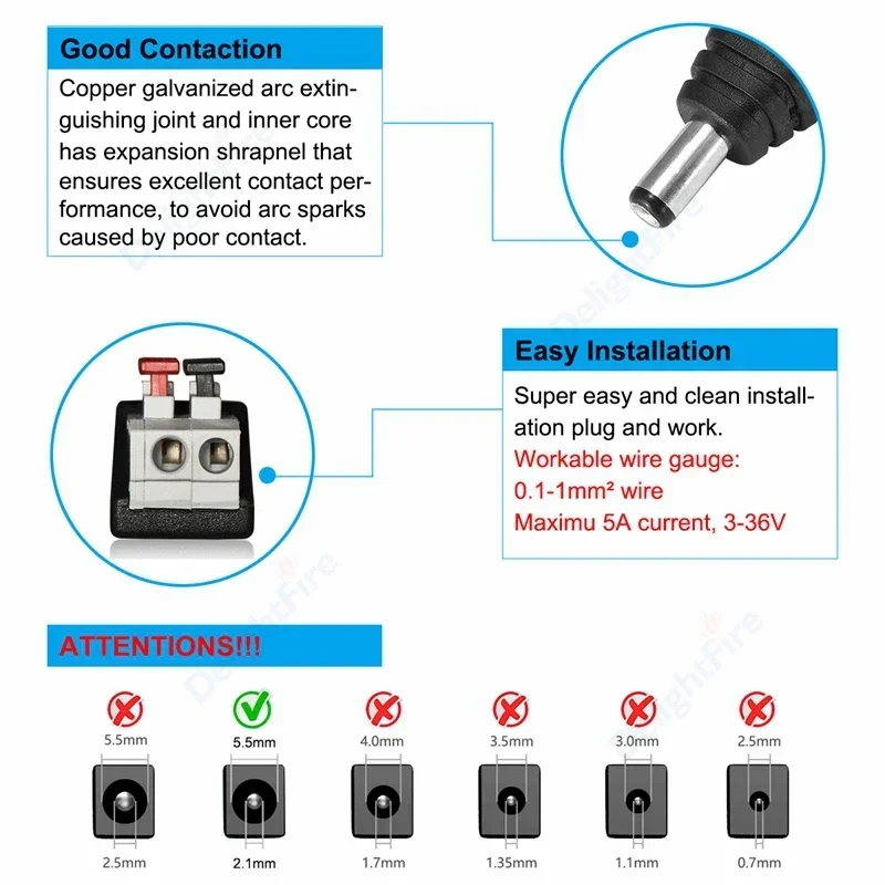 1/100pcs Female Male DC Connector 2.1*5.5mm Jack Power Adapter Barrel Wire Connectors For LED Strip Light CCTV Camera