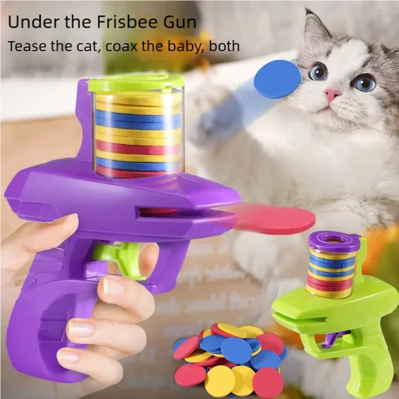 Interactive Cat Dog Toy Set with Colorful Flying Discs Pet Gun Launcher for Kitten Indoor Outdoor Training Chasing Fun