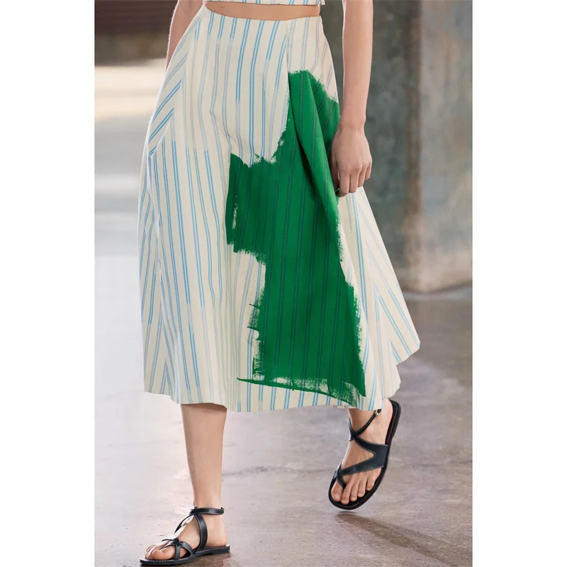 

BANA High Waist Midi Skirt with Striped Print A-Line Flared Design Commute Sle Ladies Faion f Body Skirts