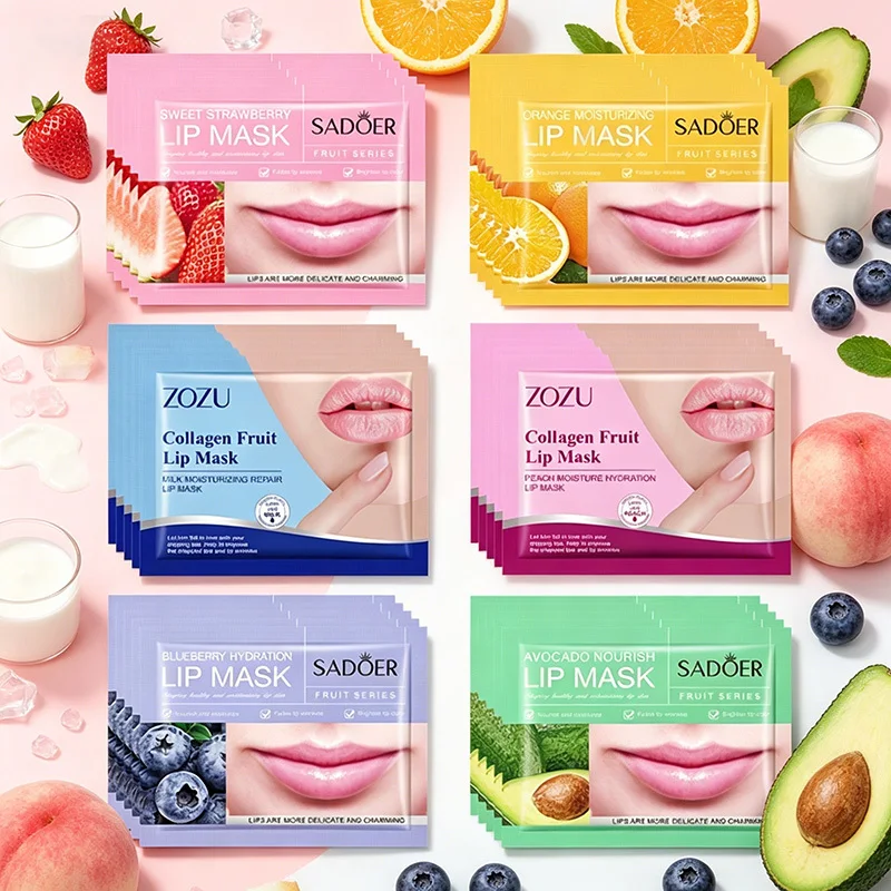 30pcs SADOER Mascarilla Labial de Colágeno con Frutas, Fresa, Naranja, Aguacate, Arándano, Parches Labiales de Nutrición Profunda, Cuidado de la Piel para Mujeres