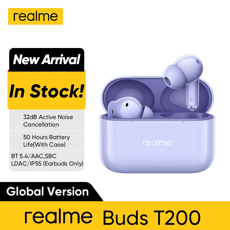 

НОВЫЕ наушники Realme Buds T200, 32 дБ, активное шумоподавление, AI, шумоподавление вызова, 50 часов, длительный срок службы, TWS наушники, беспроводные
