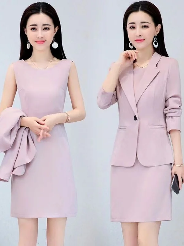

Новый осенний корейский стиль: комплект из утонченного делового пиджака и платья с завышенной талией для женщин среднего возраста