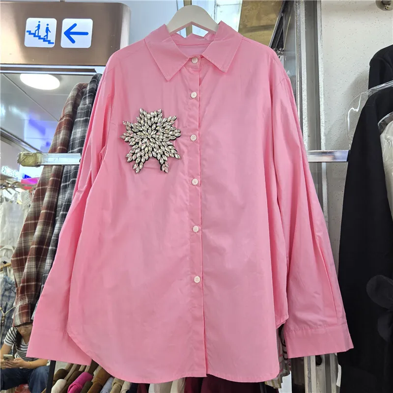 WTHT 2025 Autumn Fashion New Women's Spliced 3D Diamonds Decoration Loose Shirt Trendy Lapel Long Sleeves Blouse Female 1LS2587