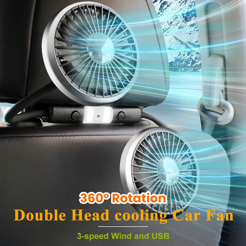 Double Head Car Fan with Light 3-Speed Rear Seat Ventilador Dual Head Fan 360 Rotation Type C Powered Summer Car Accessories