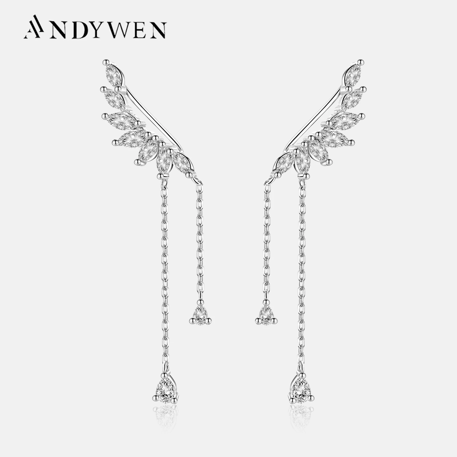 

ANDYWEN 925 Sterling Silver Ear Cuffs Wings Climber Women Piercing Drop Earring Wedding Party Luxury Jewelry For Anniversary