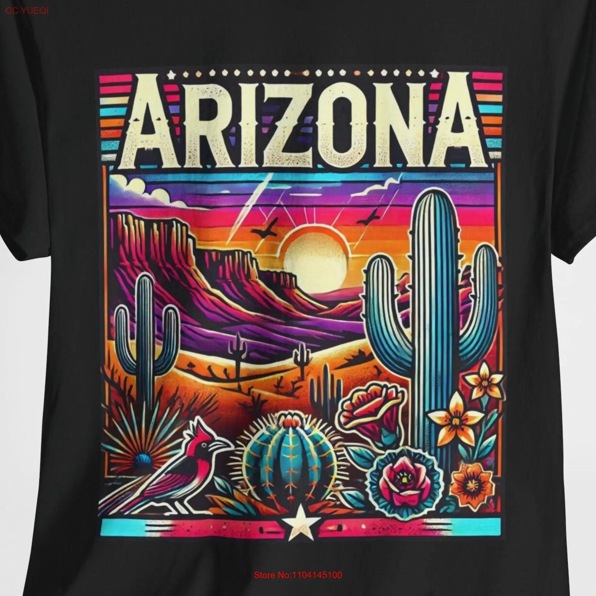 Arizona Sunset T Shirt Vibrant Desert Landscape Design Souvenir Cactus Roadrunner Scene long or short sleeves