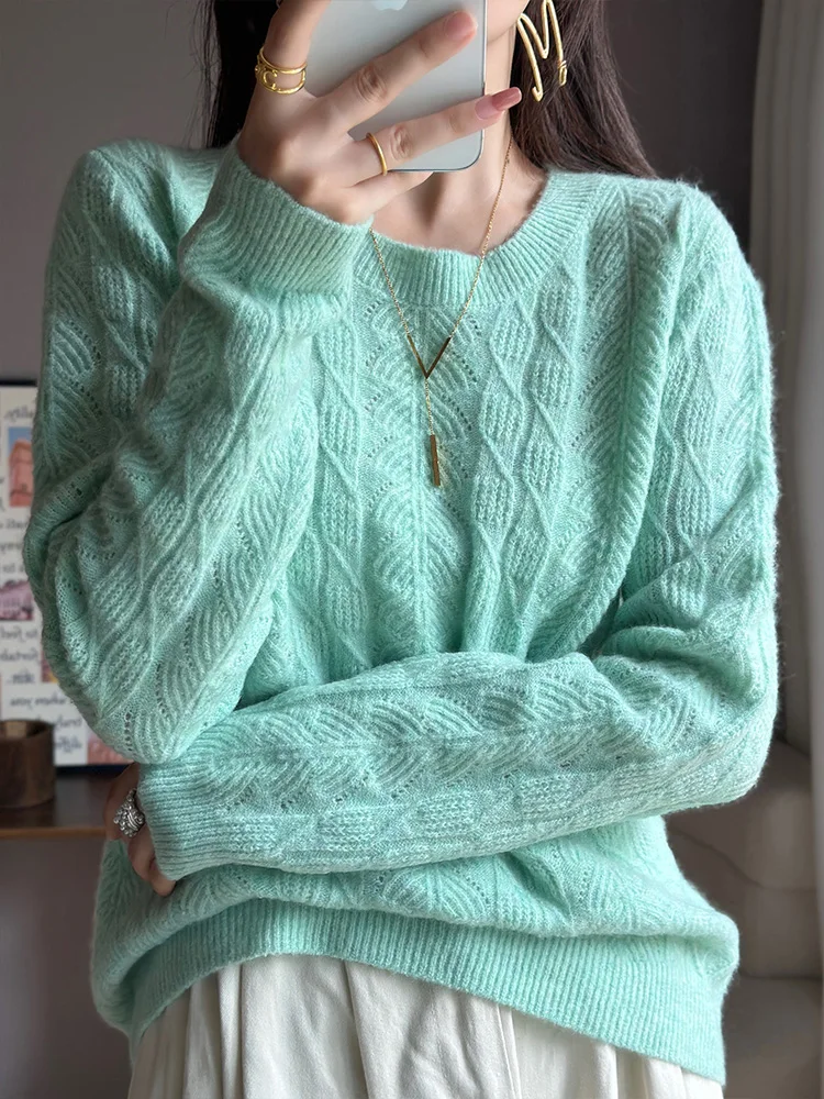 

Осень-зима 2025 г., новый приятный для кожи шерстяной свитер, женский пуловер с круглым вырезом, теплые свободные вязаные базовые топы с длинными рукавами