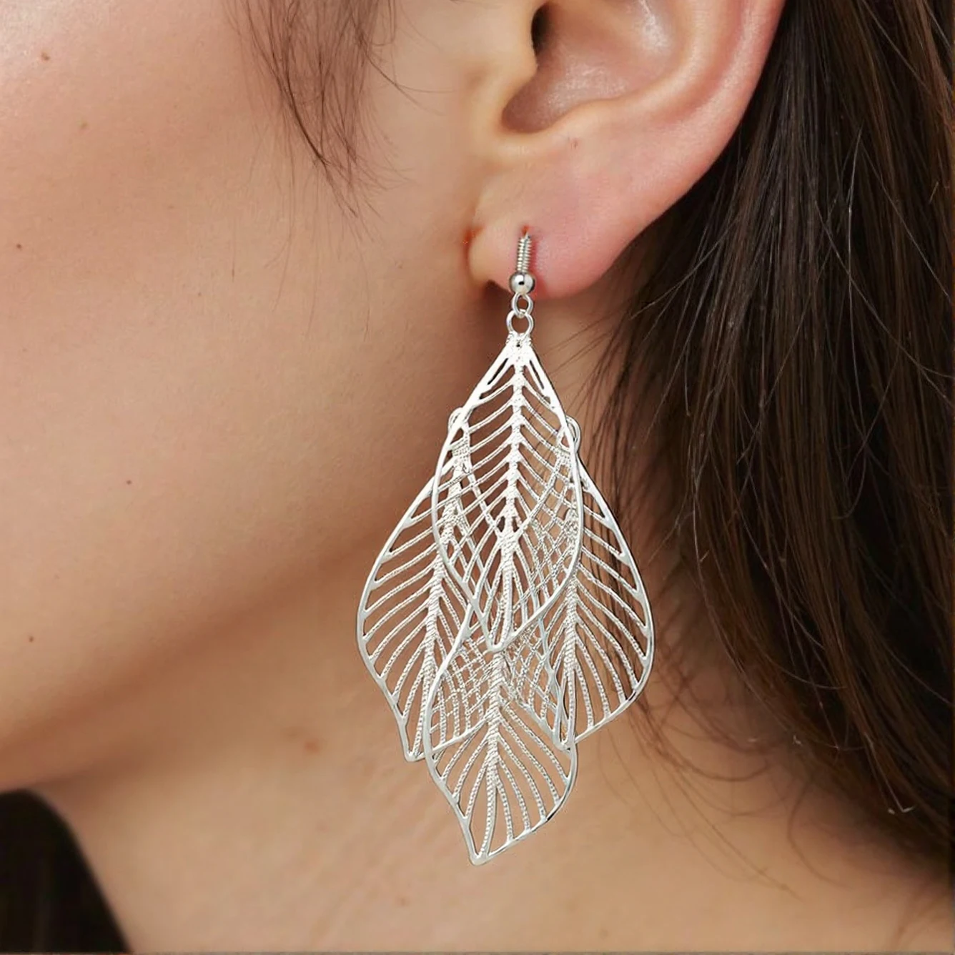 Minimalist Versatile Exaggerated Leaf Earrings for Women Multi Layer Metal Hollow Out Leaf Dangle Earrings Ear Jewelry
