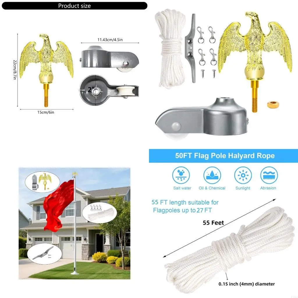   50 Feet Halyard Rope 6.5inch Falcon Metal Rotation Snapping Clips Aluminum Flagpole Truck with Pulley for Flagpole Top
