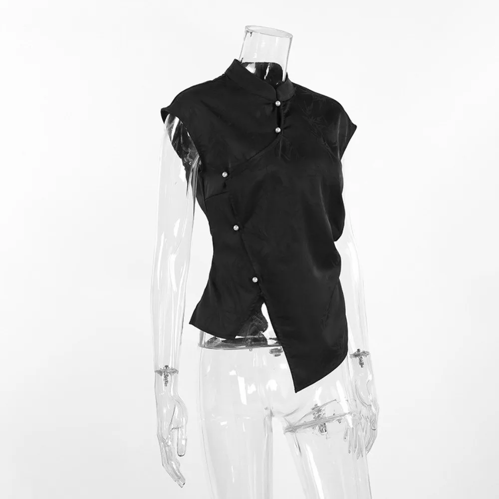Asymmetry Hem Blouse Top Side Placket Frog Button Qipao Tunic Stand Neck Jacquard Weave Sleeveless Shirt Party Occasion