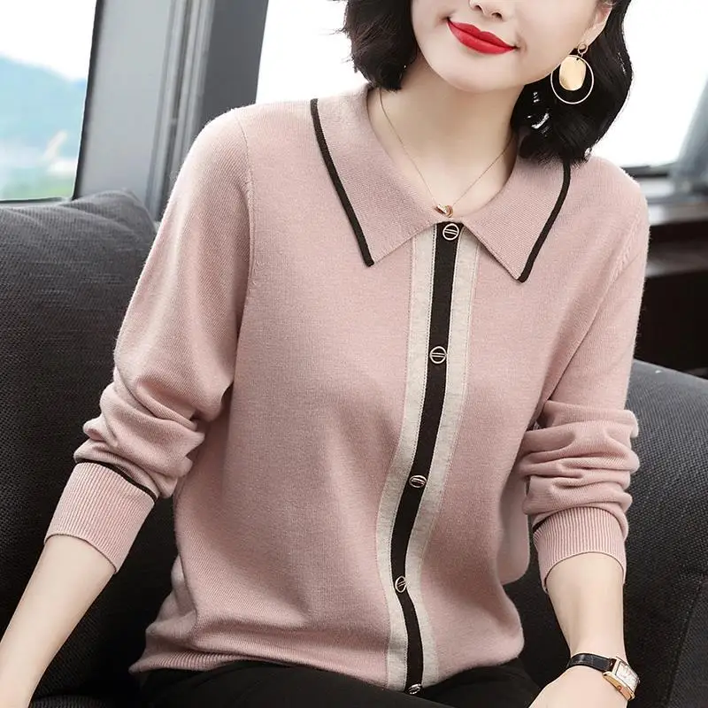 

Autumn Winter Peter Pan Collar Bright Line Decoration Fashion Spliced Sweaters Women's Button Contrasting Colors Knitted Jumpers