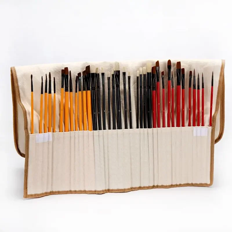 36Pcs/Lot Multifunctional Paint Brushes with Canvas Bag Wooden Handle Nylon Hair Watercolor Oil Painting Brushes Art Supplies