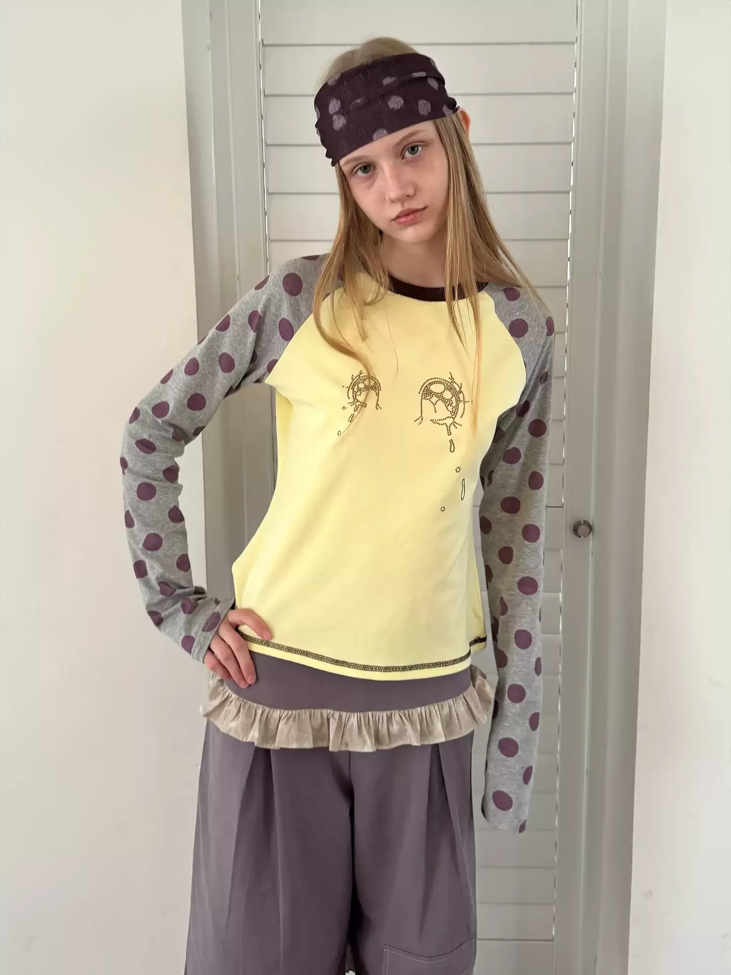 Y2K Japanese Vintage Subculture Women Purple Polka Dot Raglan Long Sleeve Top Tear Eye Print Slim Fit Casual Streetwear Outfit