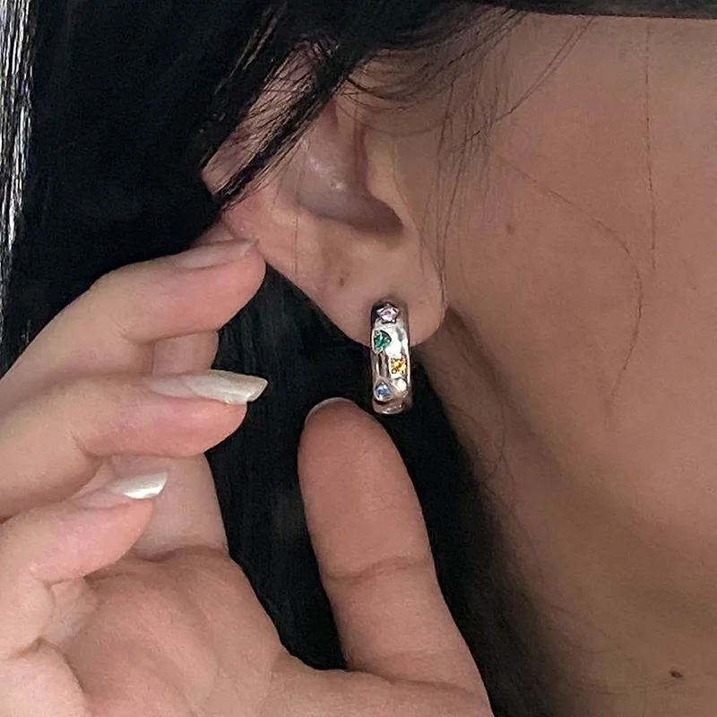 Shiny Charm 925 Sterling Silver Colorful Star Triangular Crystal Hoop Earrings for Women Girl Jewelry Accessories Gift Colorfast